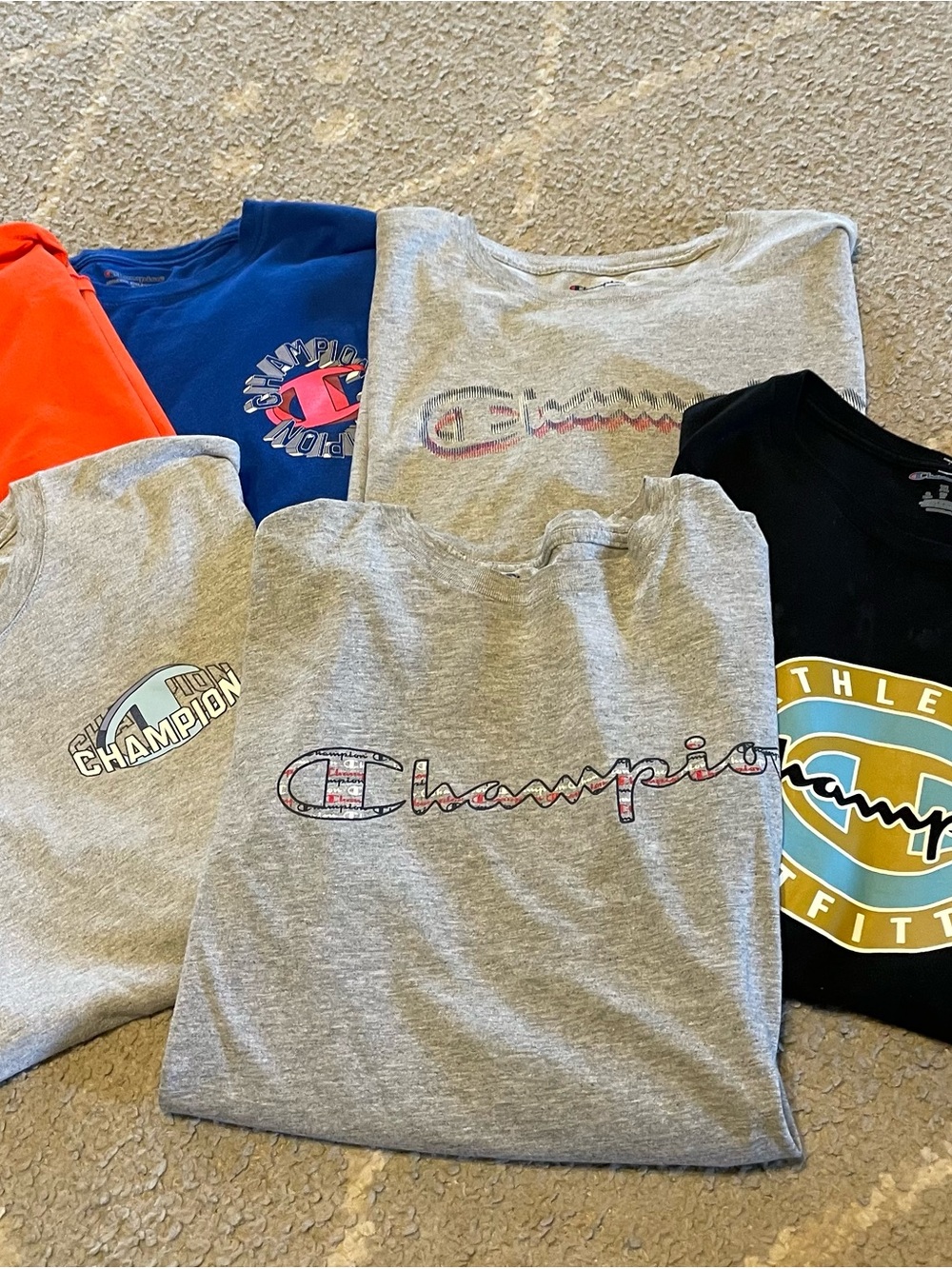 6 Champion mens Logo Tees Classic Champion blue, grey, orange black sz XL shirt